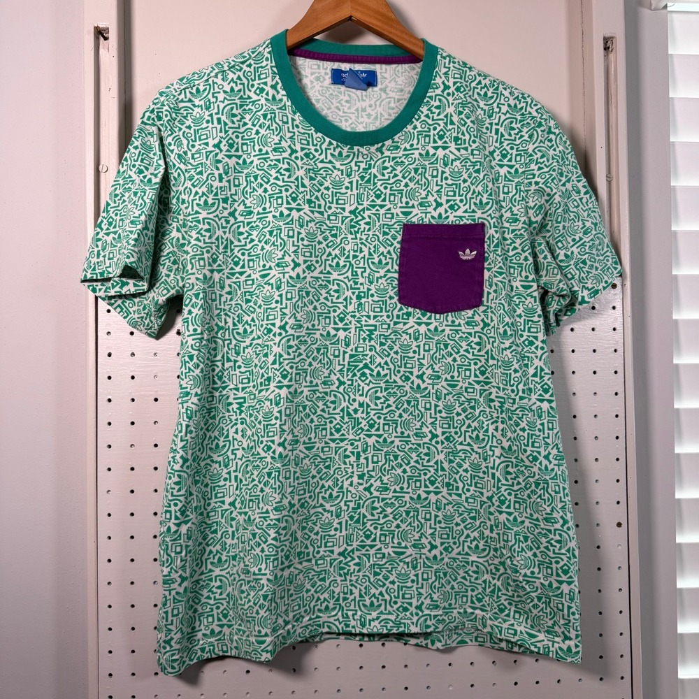 Adidas All Over Print T-Shirt Men's Green Short Sleeve Pockets Casual - Large